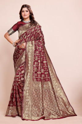 DHAYNAAND REEWA FASHION Floral Print, Woven Banarasi Jacquard Saree(Maroon)