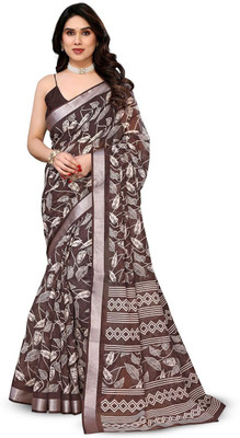 Moda Rapido Printed Bollywood Linen Saree(Brown, White)