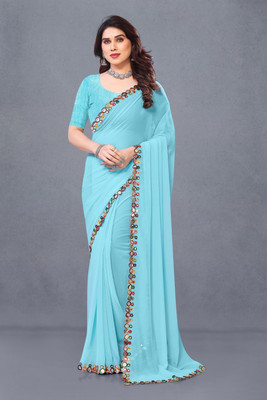 Herink Fashion Solid/Plain Bollywood Georgette Saree(Light Blue)