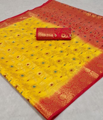 HEET TEX Woven Kanjivaram Silk Blend, Jacquard Saree(Yellow)