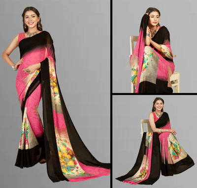 Anand Sarees Floral Print Daily Wear Georgette Saree(Pink, Black)