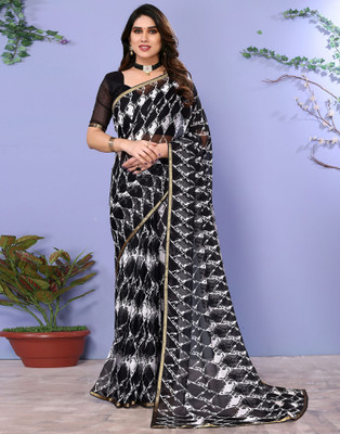 Samah Printed, Embellished Daily Wear Chiffon Saree(Black, White)