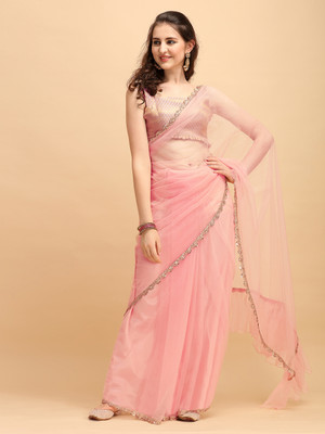 Sangria Solid/Plain Daily Wear Net Saree(Pink)