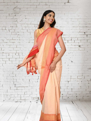 GOURAB HANDLOOM Self Design Handloom Cotton Blend Saree(Cream)