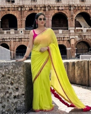 Dharmik Fashion Studio Solid/Plain Bollywood Georgette Saree(Yellow)