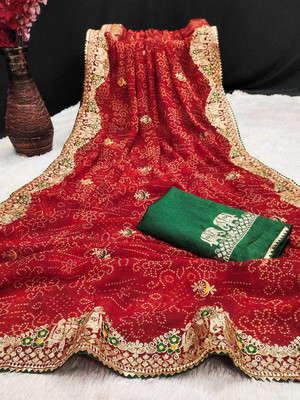 rajranitextiles Printed Bandhani Georgette Saree(Red)