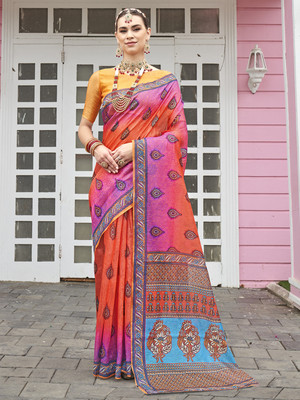 ANOUK Printed Bollywood Linen Saree(Orange)