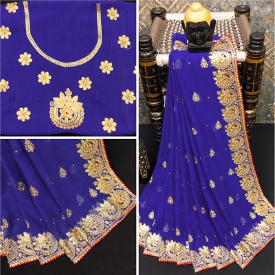 MIYANIFAB Embroidered, Floral Print Bollywood Georgette Saree(Blue)