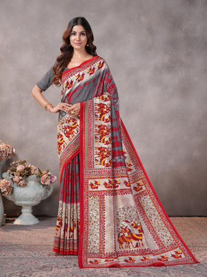 GARDEN VARELI Geometric Print Saree with Attached Blouse Silk Blend Saree(Grey)