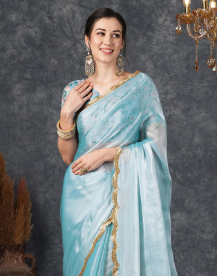 Samah Dyed, Embellished Bollywood Chiffon, Georgette Saree(Light Blue)