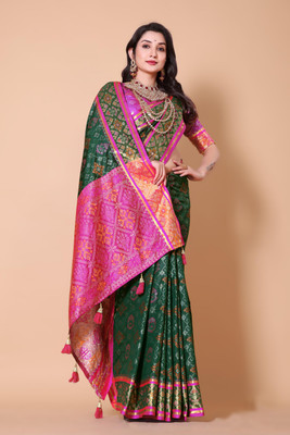 Wovenza Printed Patola Silk Blend Saree(Green)