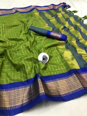 Laxmitax Embellished, Self Design, Woven Kanjivaram Cotton Silk, Cotton Jute Saree(Green, Blue)