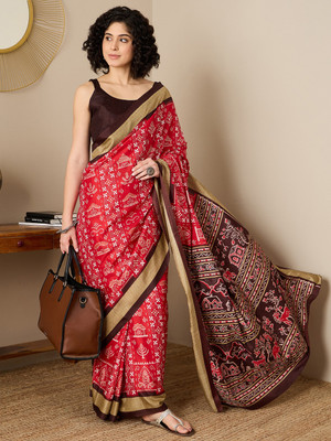 Divastri Printed Sambalpuri Silk Blend Saree(Red)
