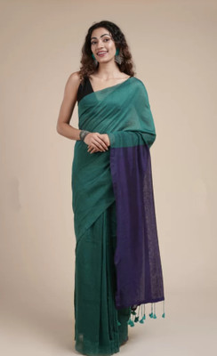 GOURISAREE Solid/Plain Tant Cotton Blend Saree(Dark Green)