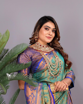 Jay fashion Self Design Banarasi Art Silk, Silk Blend Saree(Blue)