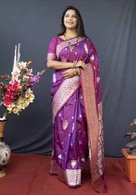 sarjan creation Self Design, Digital Print Banarasi Pure Silk, Cotton Silk Saree(Purple)