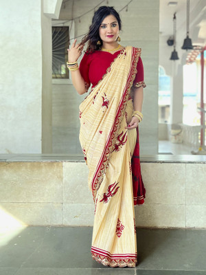 Sareemall Printed Daily Wear Cotton Blend Saree(Beige)