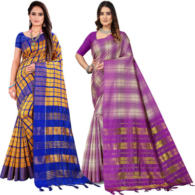 PRIYANSH CREATION Checkered Daily Wear Cotton Blend Saree(Pack of 2, Multicolor)