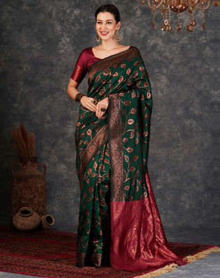 SIRIL Self Design, Woven, Embellished Banarasi Silk Blend, Jacquard Saree(Dark Green, Gold)