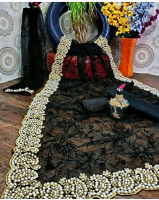 SkyFlock Embroidered, Embellished Bollywood Net Saree(Black)