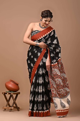 INDIAN DRAPING COMPANY Printed Daily Wear Pure Cotton Saree(Black)