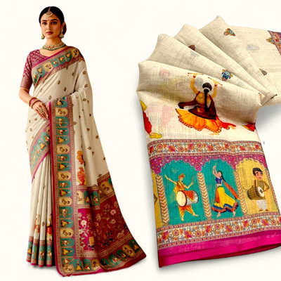 FULIYA SILK Digital Print, Woven Daily Wear Cotton Linen, Linen Saree(Beige)