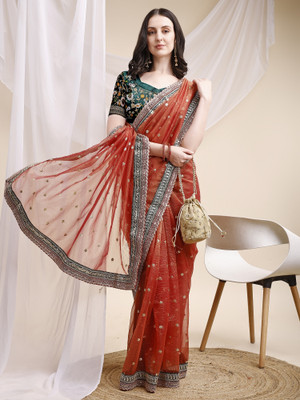 A To Z Cart Embroidered Bollywood Net Saree(Orange)