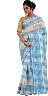 PuJoy Striped, Checkered Tant Pure Cotton Saree(Light Blue, White)