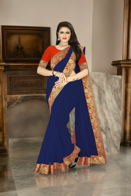 Volmina Solid/Plain Chanderi Cotton Blend Saree(Dark Blue)