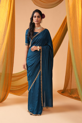 LETITBE Solid/Plain Bollywood Silk Blend Saree(Dark Blue)