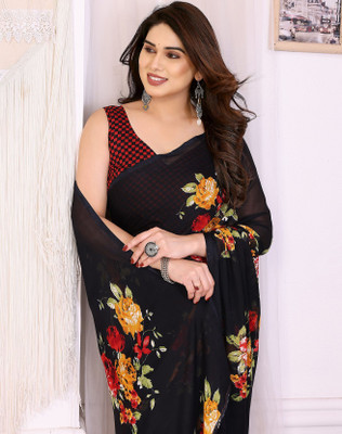 YASHIKA Floral Print Daily Wear Georgette Saree(Black)