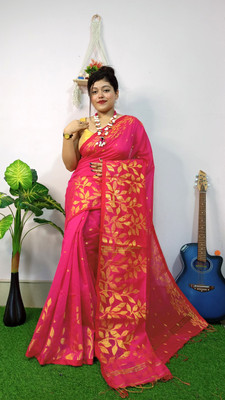 RIDDHIMAN FASHION Self Design Handloom Cotton Blend Saree(Magenta)