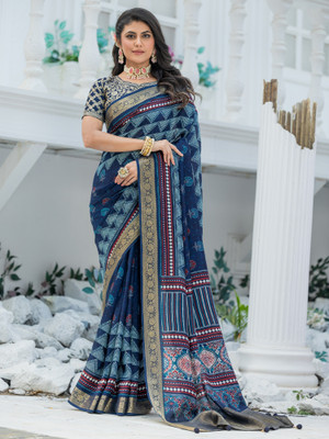 Sareemall Printed Chinnalapattu Viscose Rayon Saree(Dark Blue)
