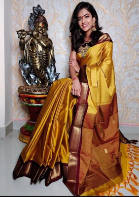 VEERAIVA Woven Paithani Cotton Silk Saree(Mustard)