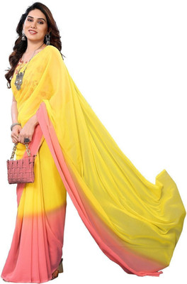 RAJESHWAR FASHION Floral Print Daily Wear Georgette Saree(Yellow, Pink)