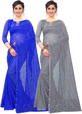 nilkanth Self Design Bollywood Net Saree(Pack of 2, Blue, Grey)