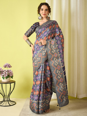 all about you Woven Ikkat Silk Blend Saree(Grey)