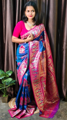 Suto Woven Baluchari Art Silk Saree(Blue)