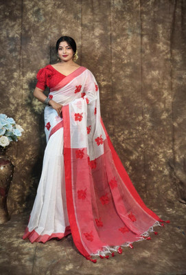 PRAVATI FASHION Embroidered Handloom Cotton Silk Saree(Red, White)
