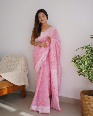 KRIVITY Woven Chettinadu Cotton Linen Saree(Pink)