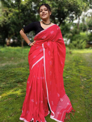 Balorampal Solid/Plain Handloom Pure Cotton Saree(Red)