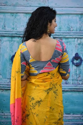 JAIPURI BLOCK PRINT Blocked Printed, Color Block, Dyed, Floral Print, Printed Daily Wear Pure Cotton Saree(Yellow)