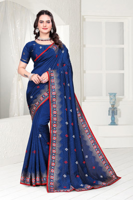 KHRITI FAB Embroidered Bollywood Silk Blend Saree(Dark Blue)