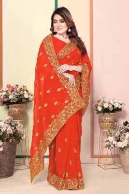 MIYANIFAB Embroidered Bollywood Georgette Saree(Orange)