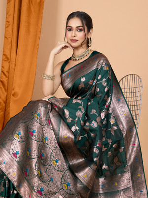 SICHYAH Woven, Self Design, Embellished Banarasi Pure Silk Saree(Dark Green)