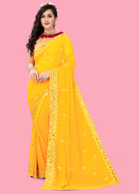 vaidehicreation Embellished Bollywood Net, Art Silk Saree(Yellow)