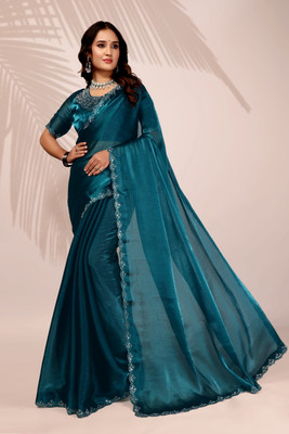 Privasaree Solid/Plain Bollywood Jimmy choo Saree(Dark Blue)