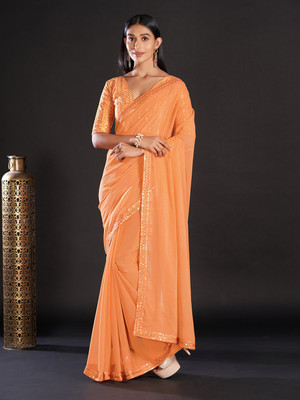 Sareemall Embellished Bollywood Georgette Saree(Orange)