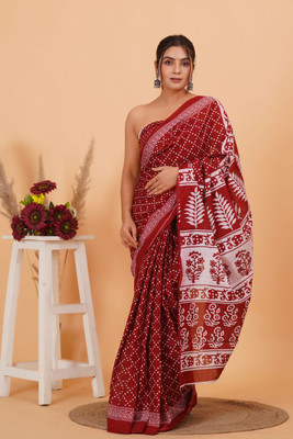 COTTON MULMUL STORE Printed Daily Wear Pure Cotton Saree(White, Red)