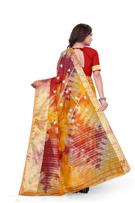 Aarunika IC Solid/Plain Bollywood Organza Saree(Red, Yellow)